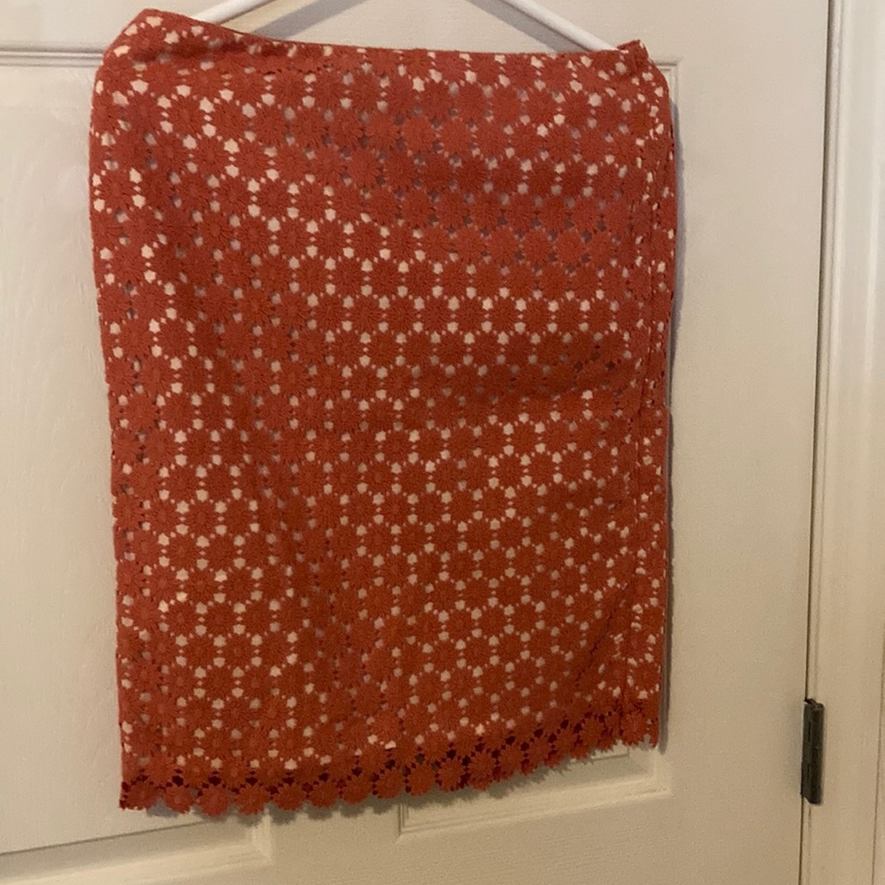 Size 4 skirt H&M. Tag gone. Lacy cutout flowers tan underskirt. Dark orange